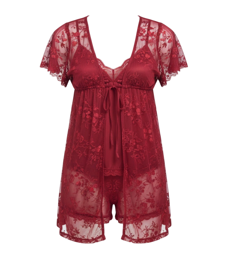 Red Lace Lingerie Set with Kimono