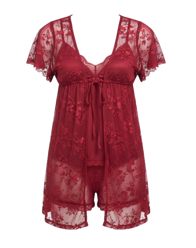 Red Lace Lingerie Set with Kimono
